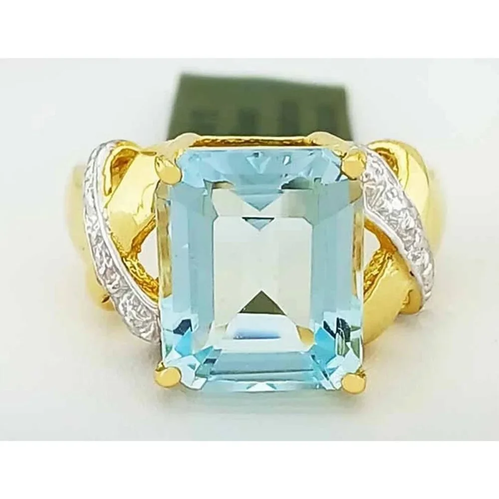Genuine 6.25 Cts Aquamarine & Diamond Ring 10k Gold - Picture 1 of 5